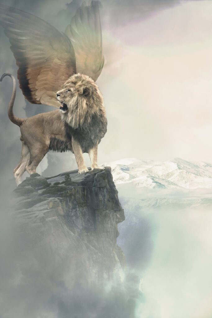lion, wing, winged lion, nature, mythology, rock, mountains, mythical creatures, composing, image editing